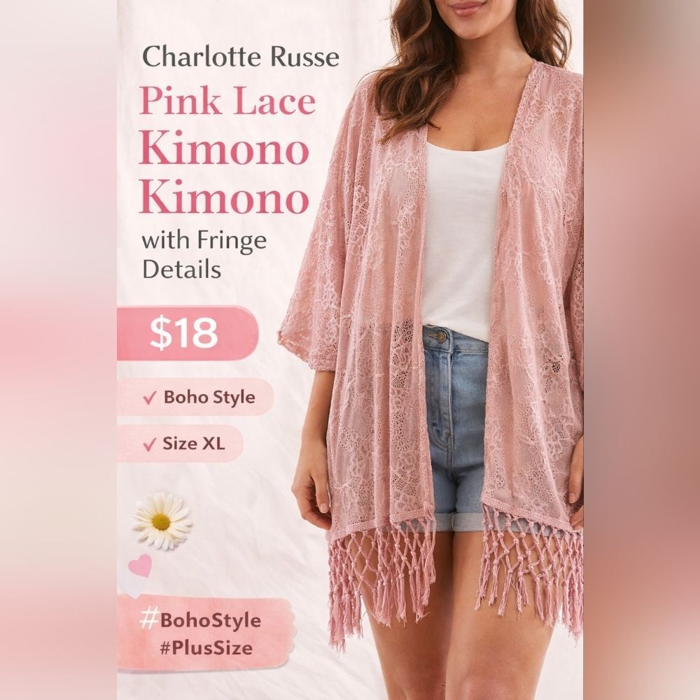 Pink Lace Kimono Boho Fringe Cardigan XL Festival Summer Vibes.